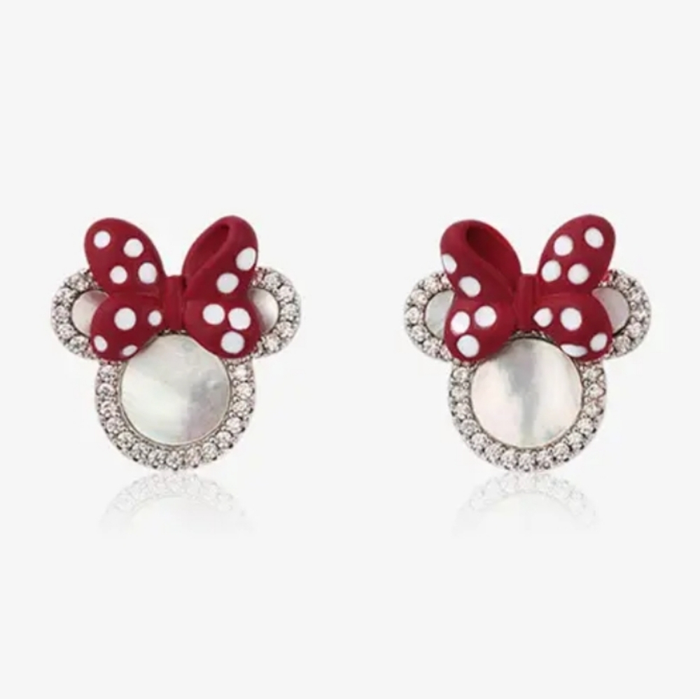 Mouse with bow post earrings Red White Silver Rhinestone NIP - Picture 4 of 4